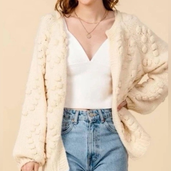 Angel Of The North Sweaters - Anthropologie Style Chunky Pom Pom Heart Cardigan Sweater Puffs Size M Cream